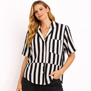 AYR The Pool Boy Black White Stripe Silk Viscose Button Shirt Oversized Size XS